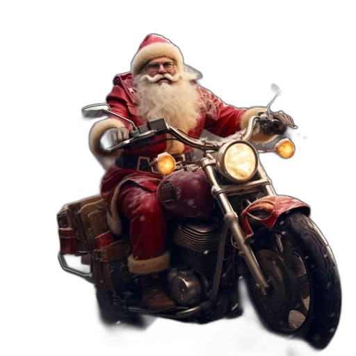 concept art, photorealistic, 3d render, santa, claus, rides, vintage, motorcycle transparent PNG cut-out