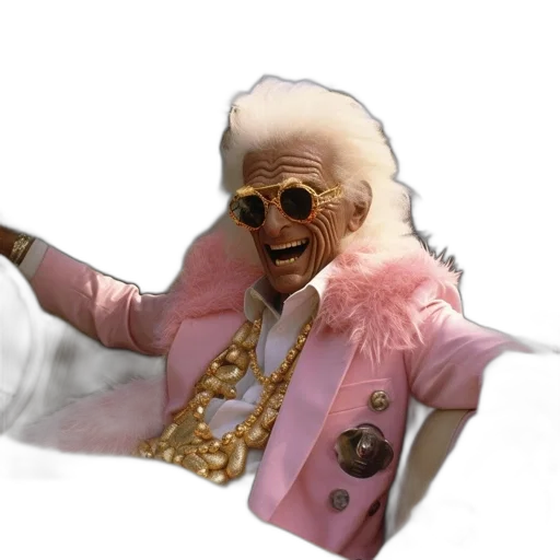 jacket, hair, face, creature, 3d render, vaporwave, smiling, elderly transparent PNG cut-out