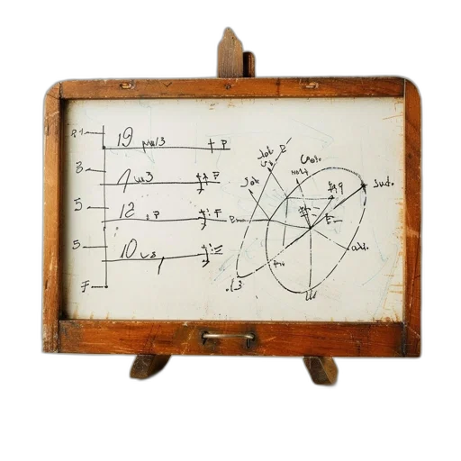 furniture, vintage-style, whiteboard, handwritten, mathematical, geometric, diagrams, placed transparent PNG cut-out