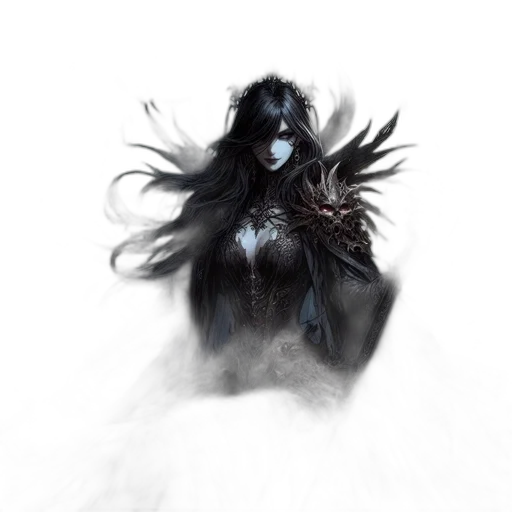 mask, creature, dress, hair, fantasy art, concept art, comic book art, photorealistic transparent PNG cut-out