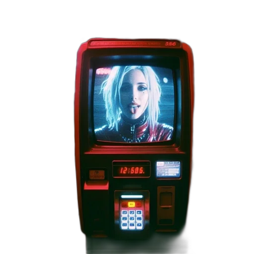 robot, jacket, face, cyberpunk, vaporwave, neon lights, red, old-fashioned transparent PNG cut-out