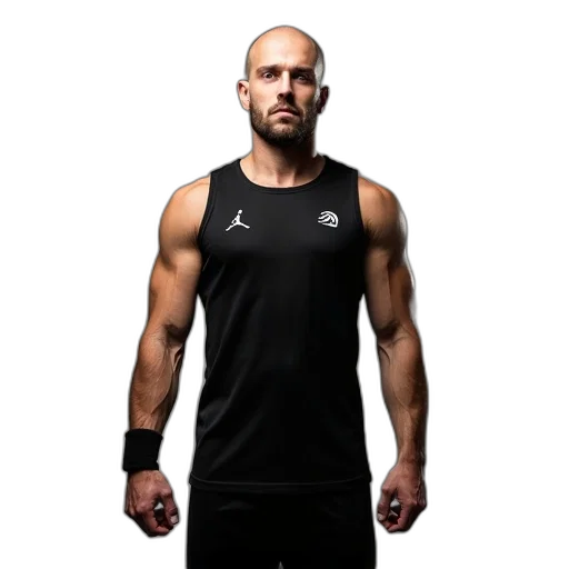man, bald, head, wearing, black, sleeveless, top, logo transparent PNG cut-out