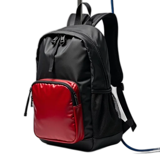 3d render, black, red, backpack, mesh, pocket, back, attached transparent PNG cut-out