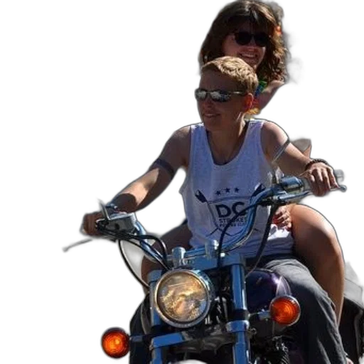 woman, white, tank, top, rides, motorcycle, another, behind transparent PNG cut-out