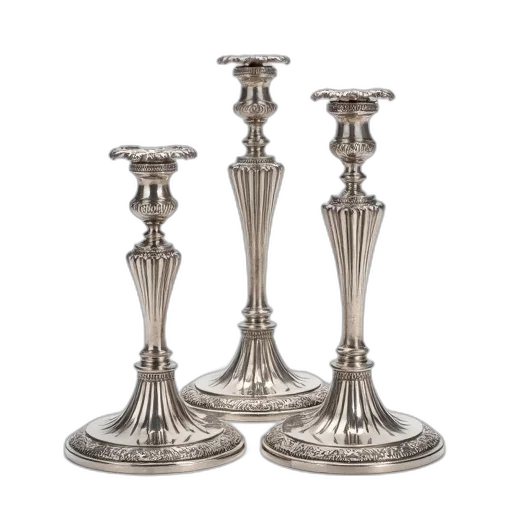 jewelry, furniture, 3d render, set, three, silver, candlesticks, ornate transparent PNG cut-out