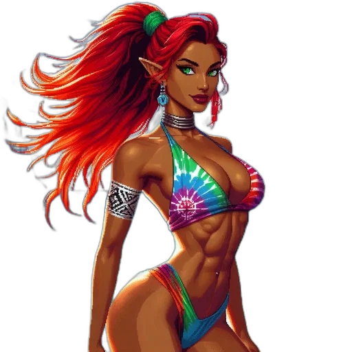 fantasy art, concept art, comic book art, pixel art, colorful, neon, woman, red transparent PNG cut-out