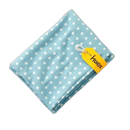 blue, white, polka, dot, cloth, yellow, tag, reads transparent PNG cut-out