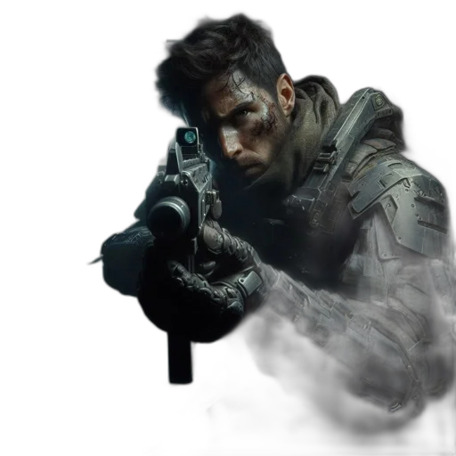 weapon, jacket, face, concept art, photorealistic, comic book art, cyberpunk, male transparent PNG cut-out