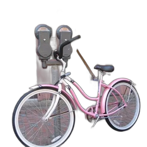 3d render, photorealistic, pink, bicycle, parked, front, building, address transparent PNG cut-out