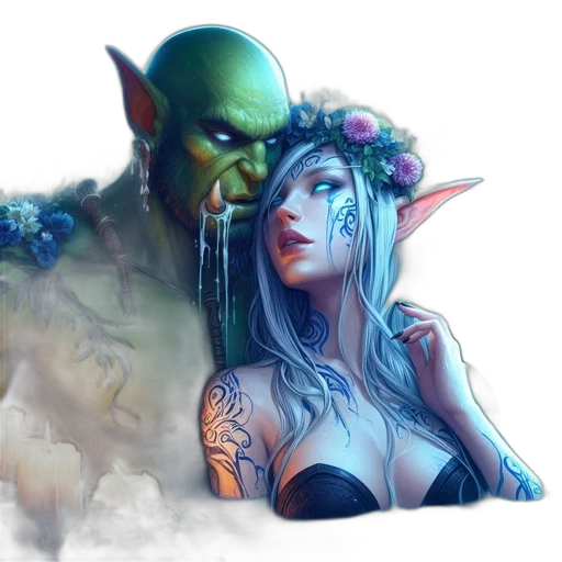fantasy art, concept art, comic book art, pixel art, neon lights, green, orc-elf, couple transparent PNG cut-out