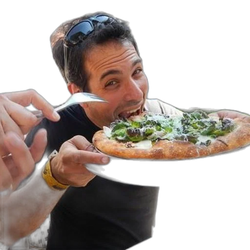 food, man, black, shirt, eating, pizza, green, topping transparent PNG cut-out