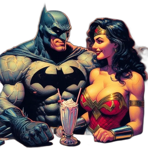 comic book art, concept art, batman, wonder, woman, sit, bar, serious transparent PNG cut-out