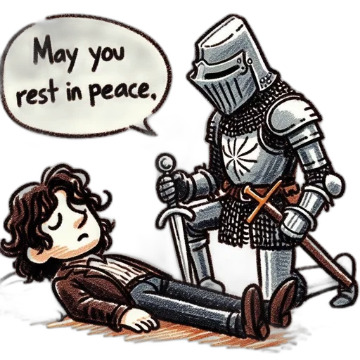 comic book art, knight, kneels, beside, unconscious, person, holding, sword transparent PNG cut-out