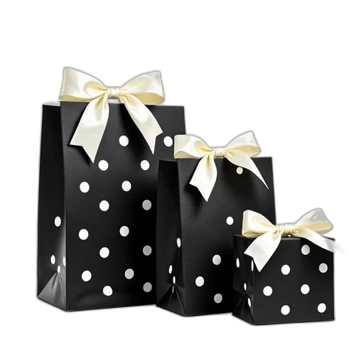 3d render, set, three, black, gift, bags, white, polka transparent PNG cut-out