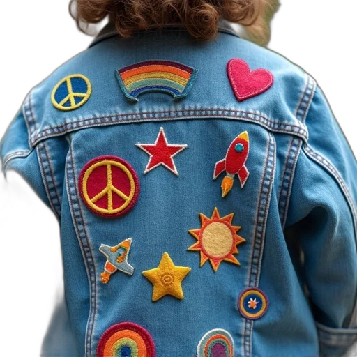 jacket, denim, variety, patches, back, including, peace, sign transparent PNG cut-out