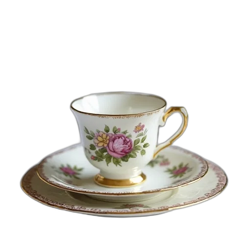 crown, 3d render, photorealistic, set, antique, porcelain, teacups, floral transparent PNG cut-out