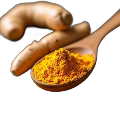 food, golden, wooden, spoon, filled, turmeric, powder, placed transparent PNG cut-out