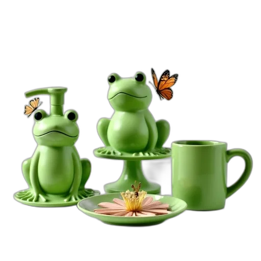 3d render, photorealistic, concept art, collection, green, frog-themed, items, displayed transparent PNG cut-out