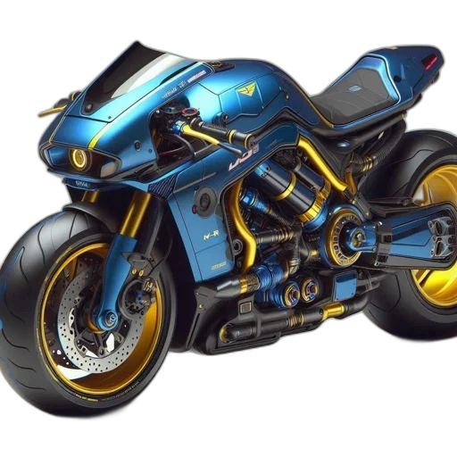 weapon, concept art, photorealistic, 3d render, comic book art, blue, sleek, motorcycle transparent PNG cut-out