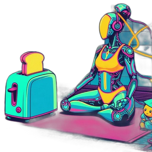 robot, furniture, concept art, cyberpunk, 3d render, comic book art, neon lights, outer space transparent PNG cut-out