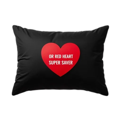 black, rectangular-shaped, pillow, red, heart-shaped, label, center, reads transparent PNG cut-out