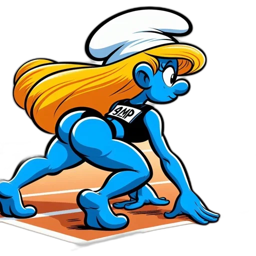 cartoon, bright, orangeish-white, background, smurfette, stands, start, line transparent PNG cut-out