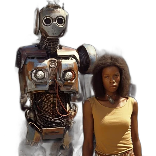 robot, concept art, 3d render, cyberpunk, outer space, woman, colorful, attire transparent PNG cut-out