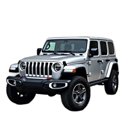 car, 3d render, photorealistic, silver, jeep, wrangler, parked, concrete transparent PNG cut-out