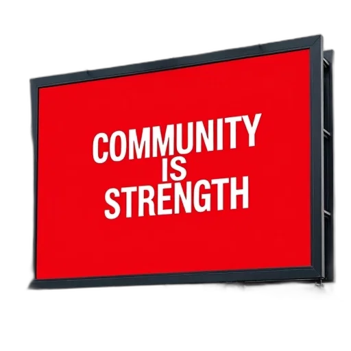 large, red, billboard, white, text, reads, community, strength transparent PNG cut-out