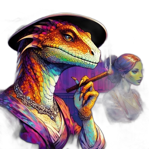 dragon, hat, mask, animal, concept art, fantasy art, vaporwave, photorealistic transparent PNG cut-out