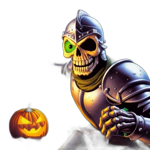 robot, mask, concept art, fantasy art, comic book art, field, pumpkins, skeletal transparent PNG cut-out