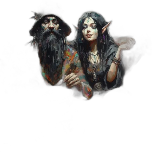 fantasy art, concept art, comic book art, pixel art, fog, dark, two, characters transparent PNG cut-out