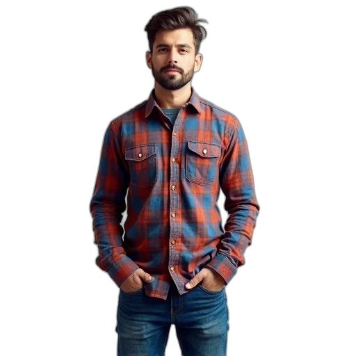 jacket, 3d render, photorealistic, man, wearing, plaid, shirt, blue transparent PNG cut-out