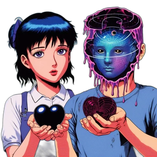 robot, mask, jewelry, vaporwave, anime, cyberpunk, comic book art, neon lights transparent PNG cut-out