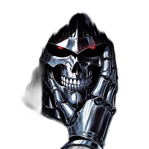 mask, robot, weapon, crown, comic book art, concept art, 3d render, photorealistic transparent PNG cut-out