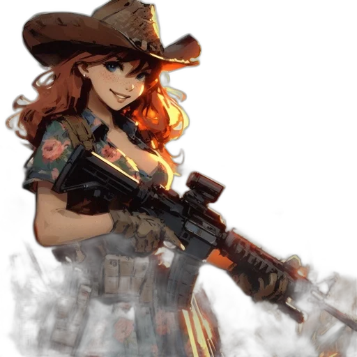 weapon, concept art, pixel art, anime, fantasy art, colorful, cowgirl, armed transparent PNG cut-out