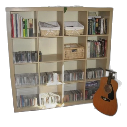 furniture, staff, 3d render, well-organized, bookshelf, filled, books, cds transparent PNG cut-out