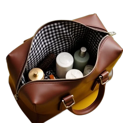 earth tones, brown, leather, travel, bag, open, displaying, contents transparent PNG cut-out