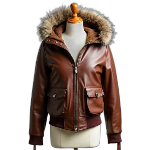 jacket, earth tones, brown, leather, fur-lined, hood, displayed, white transparent PNG cut-out