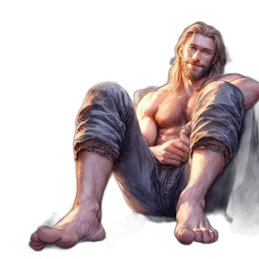concept art, fantasy art, photorealistic, watercolor, muscular, long-haired, man, leans transparent PNG cut-out