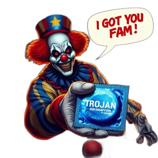 food, ominous-looking, clown, wields, trojan, condom, package, night transparent PNG cut-out
