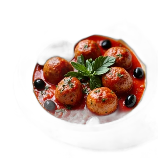 food, photorealistic, 3d render, bowl, meatballs, tomato, sauce, garnished transparent PNG cut-out