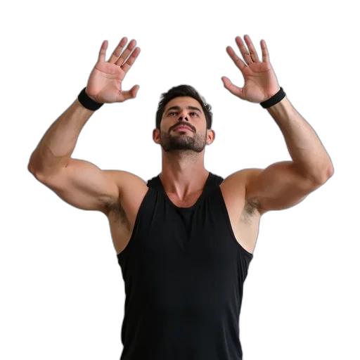 staff, man, muscular, build, standing, his, arms, raised transparent PNG cut-out