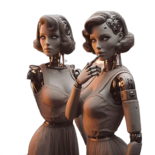 robot, concept art, 3d render, cyberpunk, comic book art, two, vintage-style, robots transparent PNG cut-out