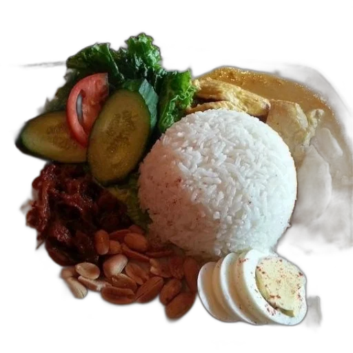 food, photorealistic, 3d render, oil painting, plate, rice, vegetables, peanuts transparent PNG cut-out
