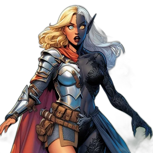 comic book art, fantasy art, concept art, pixel art, two, contrasting, versions, woman transparent PNG cut-out