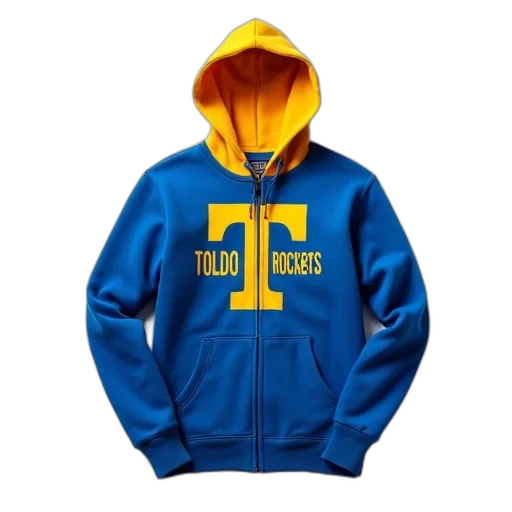 jacket, blue, hoodie, yellow, hood, chest, featuring, text transparent PNG cut-out