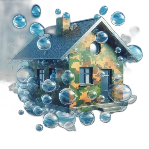 3d render, house, camouflaged, like, military, structure, floats, sea transparent PNG cut-out