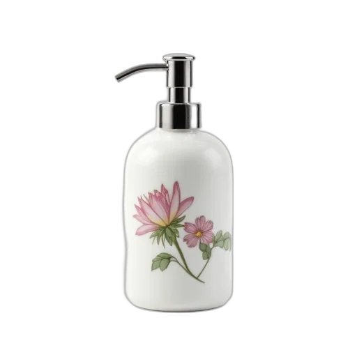 bottle, white, porcelain, soap, dispenser, floral, design, silver transparent PNG cut-out