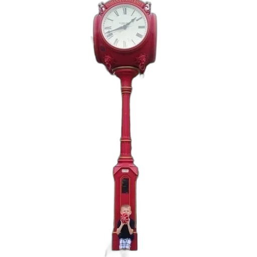 staff, red, child, poses, front, clock, tower, white transparent PNG cut-out